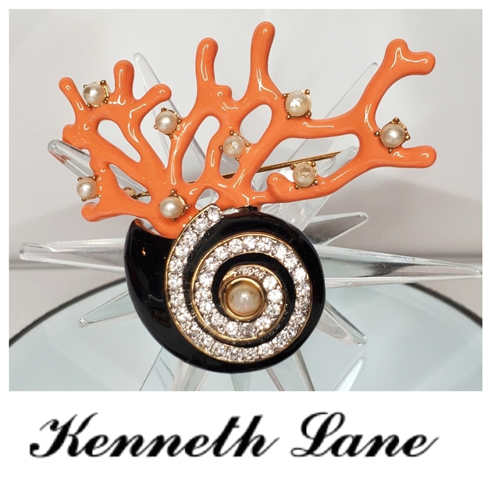 Divine Vintage KJL Seashell & Coral Jeweled Brooch Pin